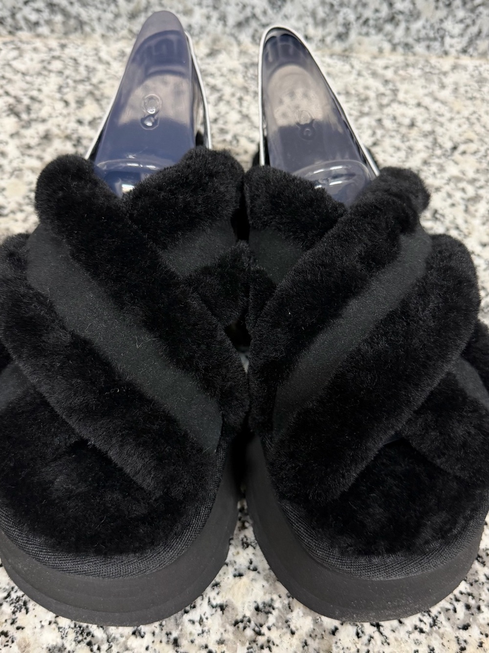 UGG Black Plush Crisscross Slide Slippers